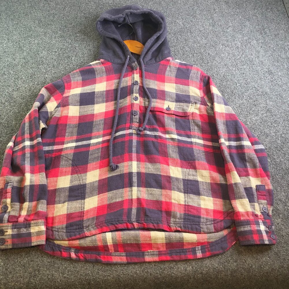 American Eagle Outfitters Flannel Shirt Womens Small Red Blue Plaid Hooded